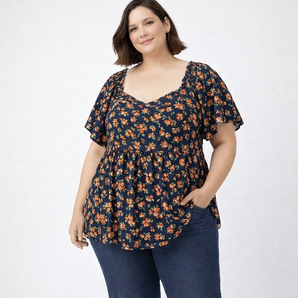 Old Navy Floral Peplum Top 2X Navy Flutter Sleeve Sweetheart Smocked NWT Babydol